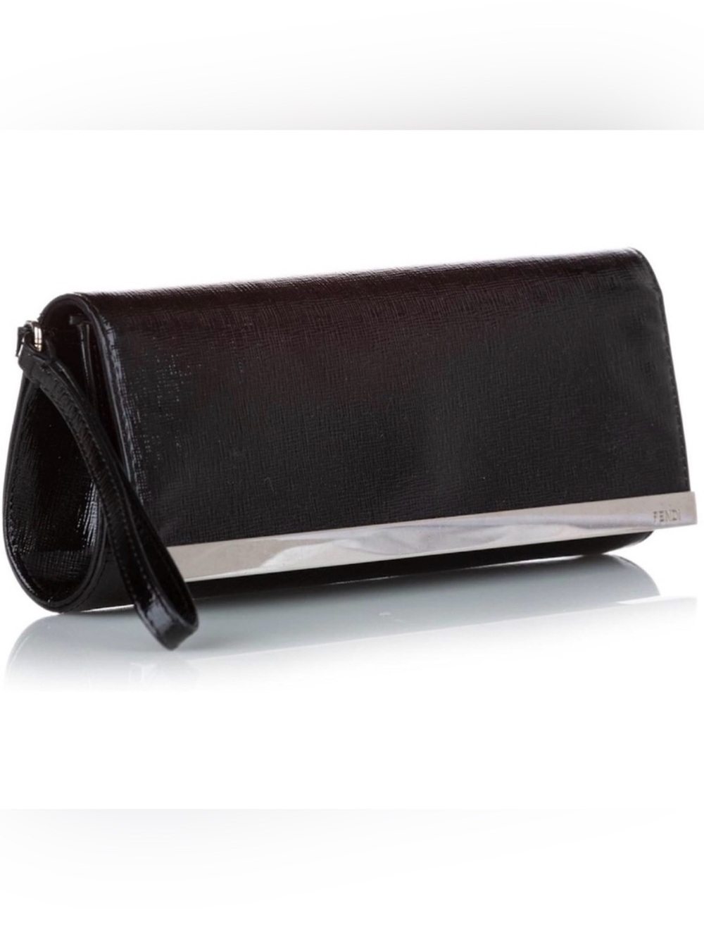 FENDI Black Patent Clutch with Silver Tone Details, Wristlet and Fendi Mirror